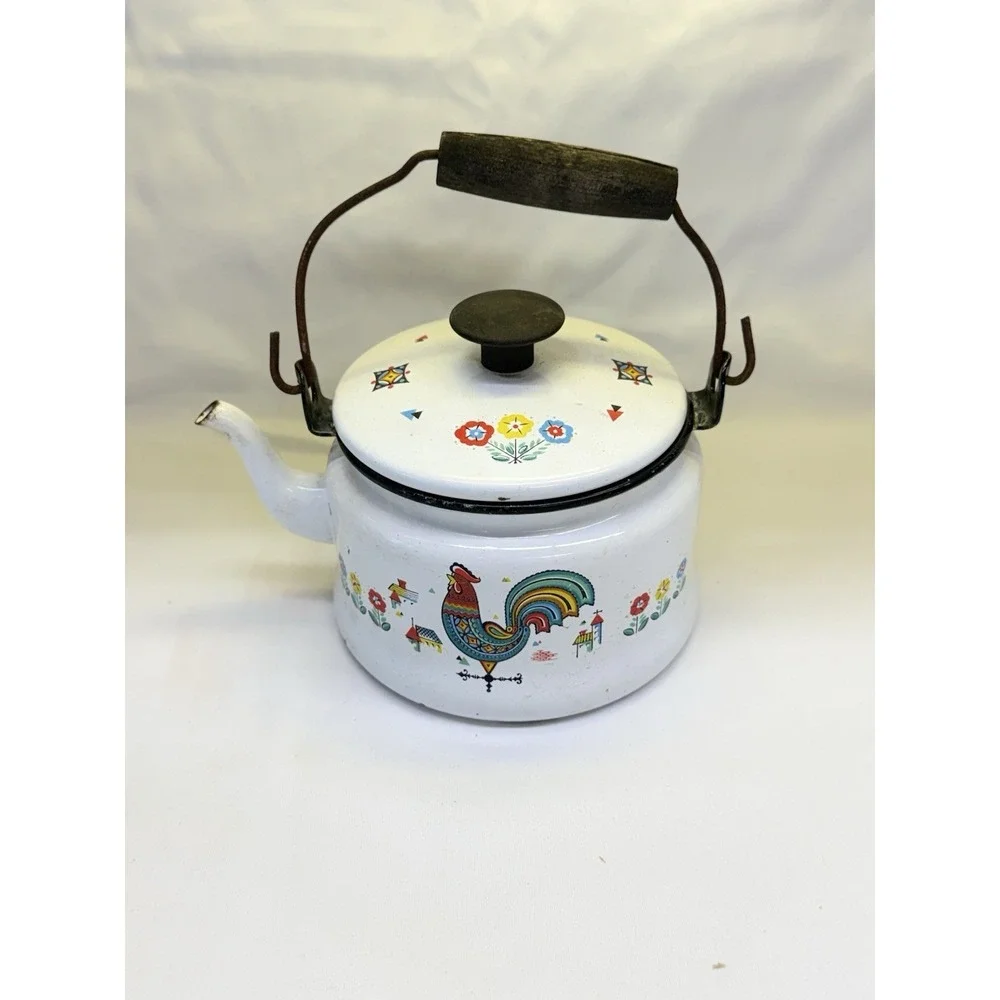 Berggren Rooster Enamelware Tea  Pot Kettle Swedish Folk Art Vintage with Handle